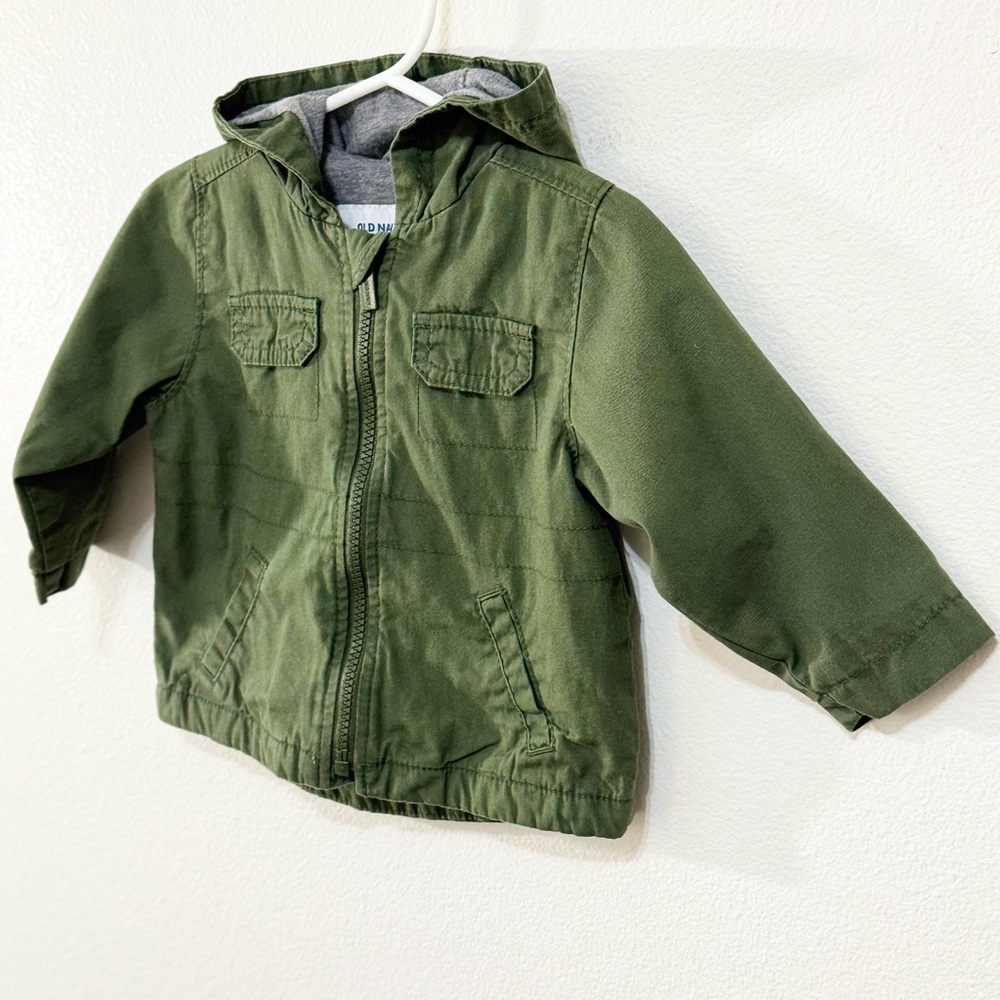 OLD NAVY · UNISEX OLIVE GREEN HOODED CANVAS UTILITY JACKET FOR BABY - SIZE 6-12M - Picture 5 of 9